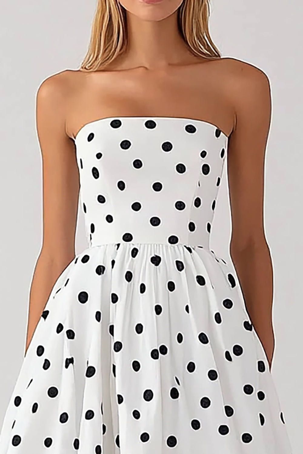 Black and White Satin Strapless Empire Boho Maxi Polka Dot Dress
