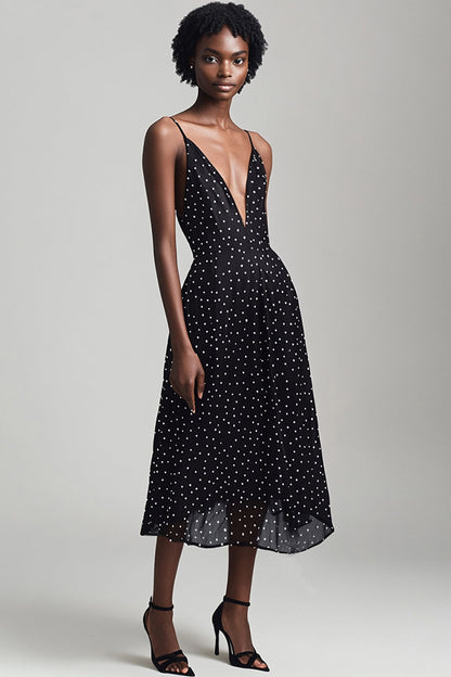 Boho Chiffon Black and White A Line Deep V-Neck Maxi Polka Dot Dress
