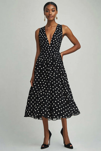Chiffon Deep V-Neck A Line Black and White Boho Maxi Polka Dot Dress