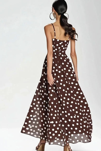 Coffee and White Spaghetti Straps A Line Boho Maxi Chiffon Polka Dot Dress