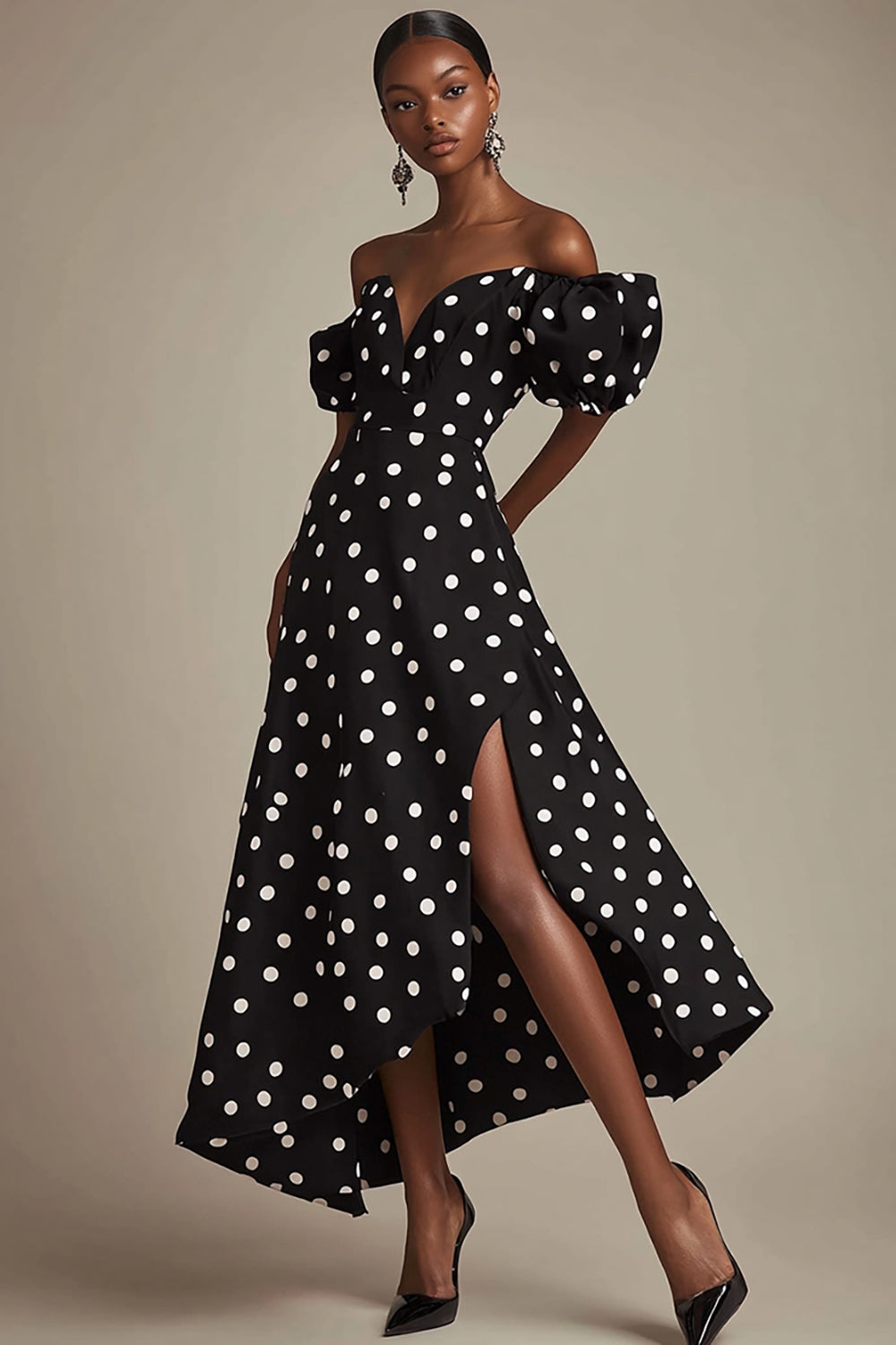 Boho Black and White Satin Puff Sleeves Maxi Polka Dot Dress with Slit