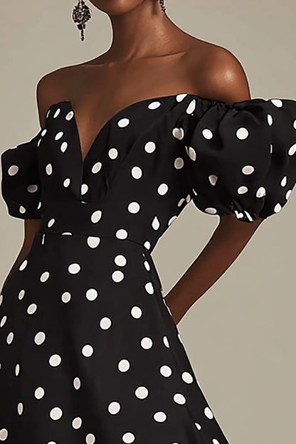 Boho Black and White Satin Puff Sleeves Maxi Polka Dot Dress with Slit