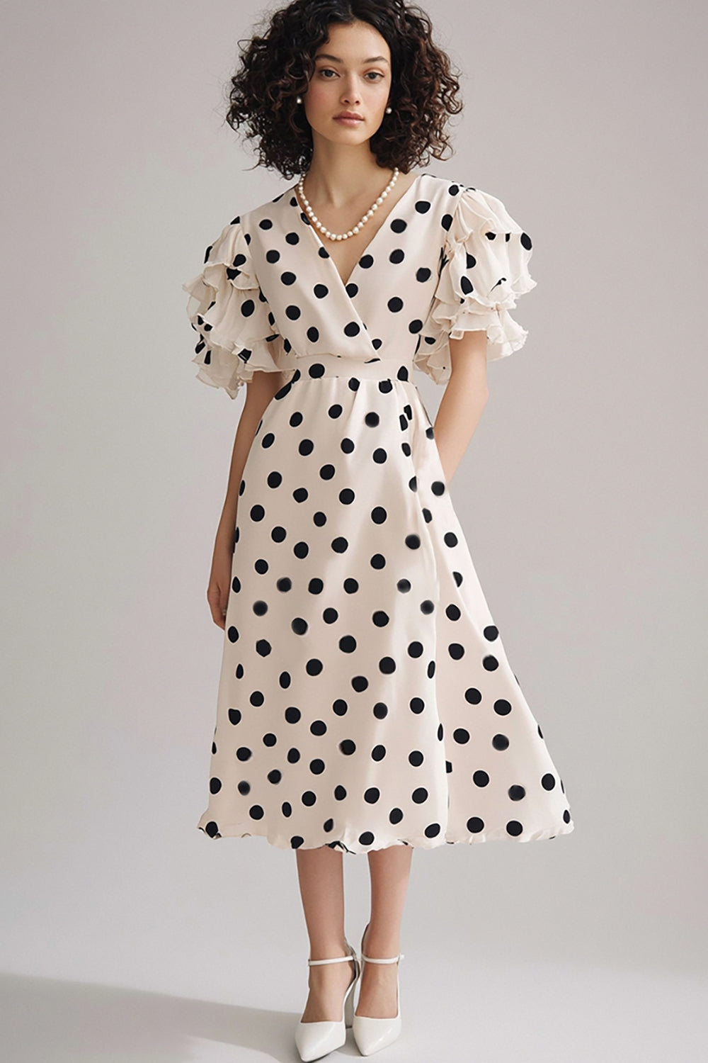Black and White Chiffon V-Neck A Line Maxi Boho Polka Dot Dress with Ruffles