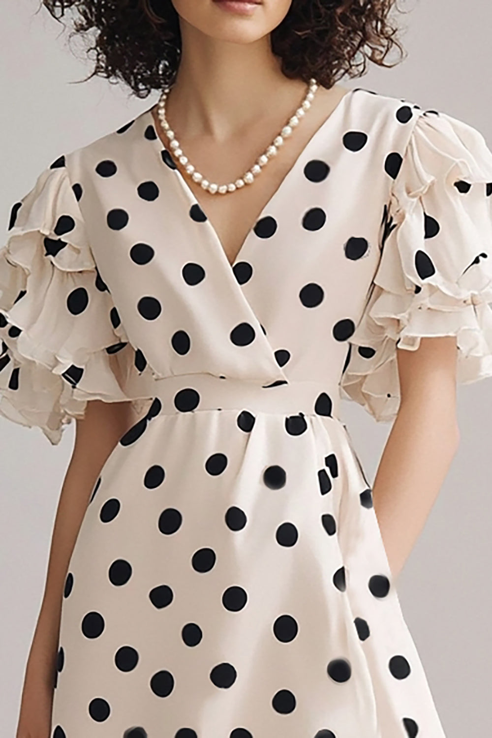 Black and White Chiffon V-Neck A Line Maxi Boho Polka Dot Dress with Ruffles