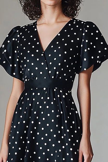 V-Neck Black and White Maxi Satin A Line Polka Dot Dress