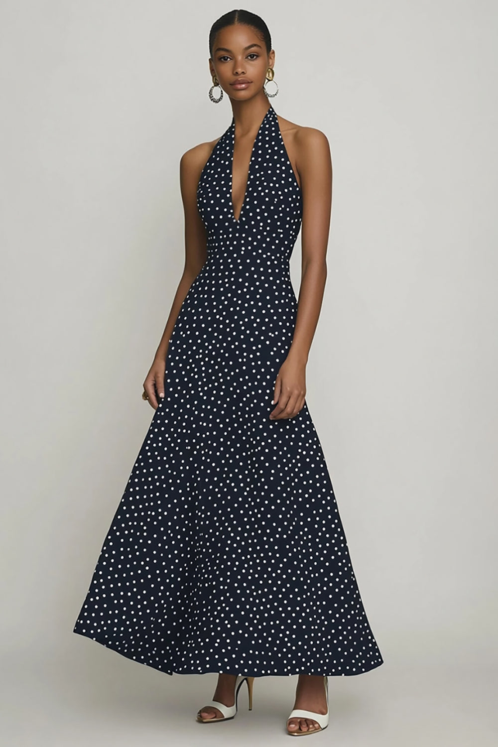 Halter Black and White Maxi Boho Chiffon A Line Polka Dot Dress
