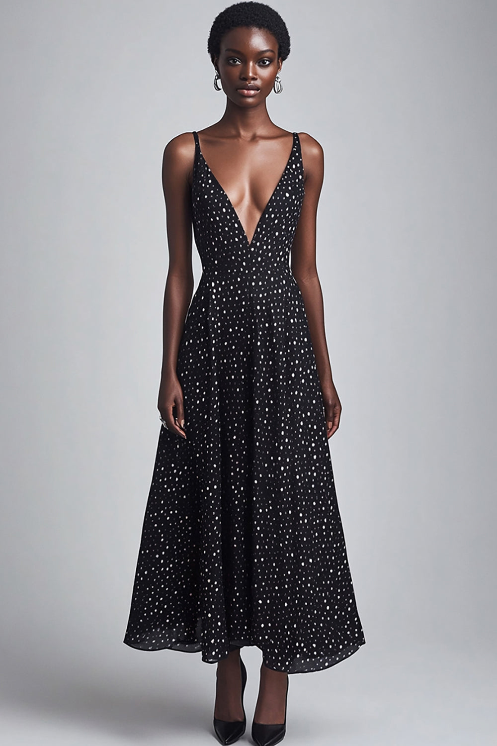 Deep V-Neck Black and White Maxi Boho A Line Chiffon Polka Dot Dress