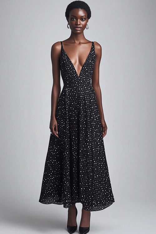 Deep V-Neck Black and White Maxi Boho A Line Chiffon Polka Dot Dress