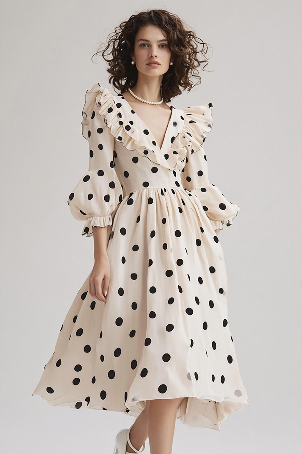 Chiffon V-Neck Black and White Midi Boho Polka Dot Dress with Ruffles