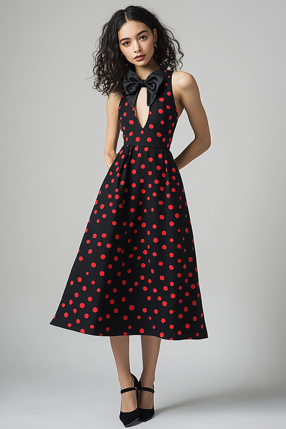 Satin Black and Red A Line Midi Polka Dot Dress with Bow