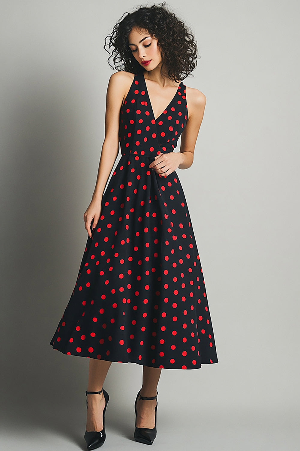 Satin V-Neck Black and Red A Line Maxi Polka Dot Dress