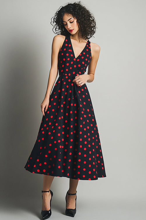 Satin V-Neck Black and Red A Line Maxi Polka Dot Dress