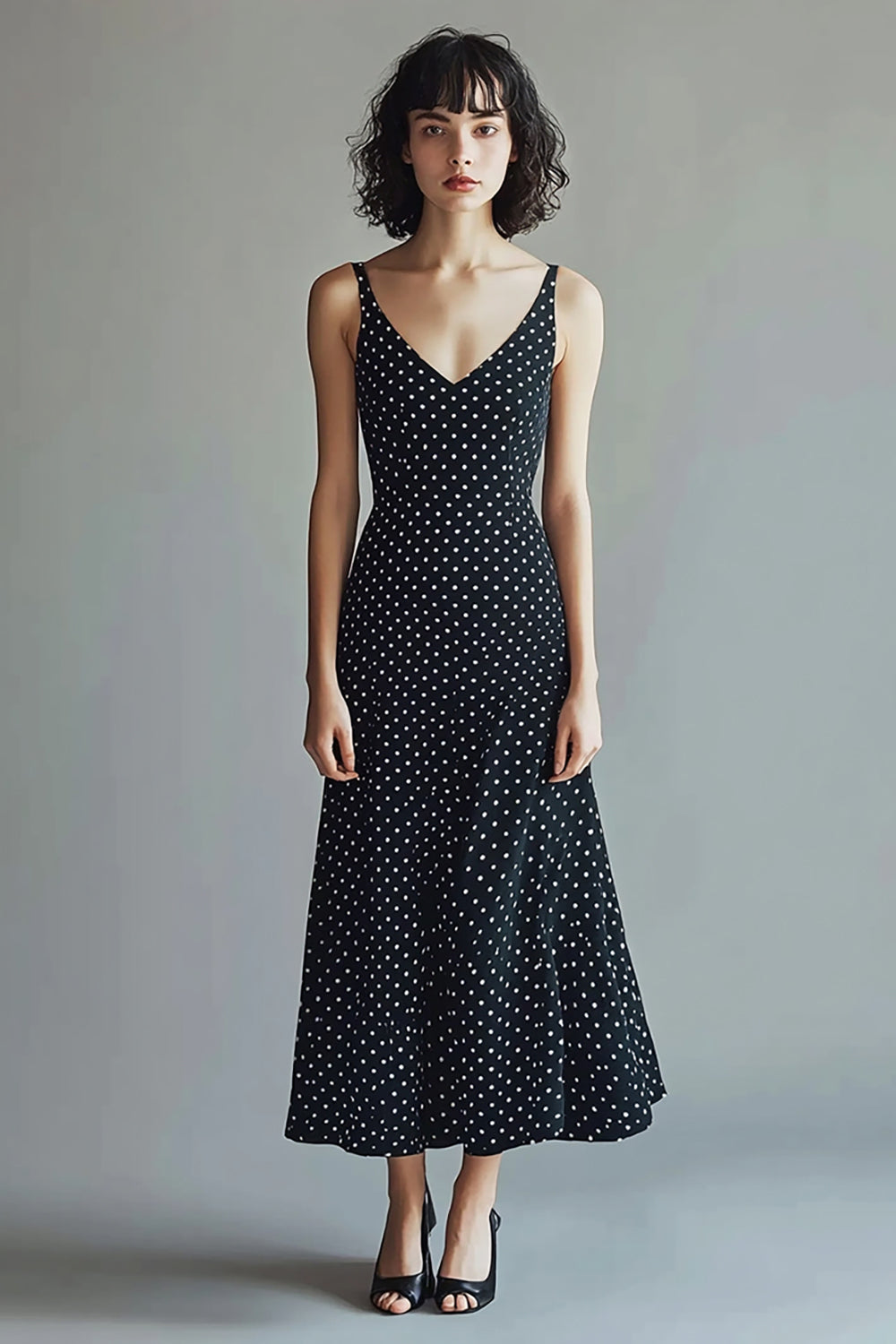Chiffon Straps Black and White Maxi A Line Polka Dot Dress