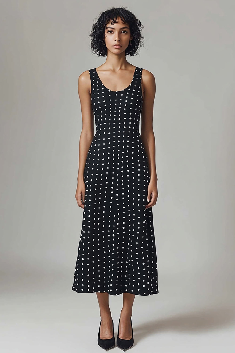 Black and White Chiffon Scoop Neck Maxi A Line Polka Dot Dress