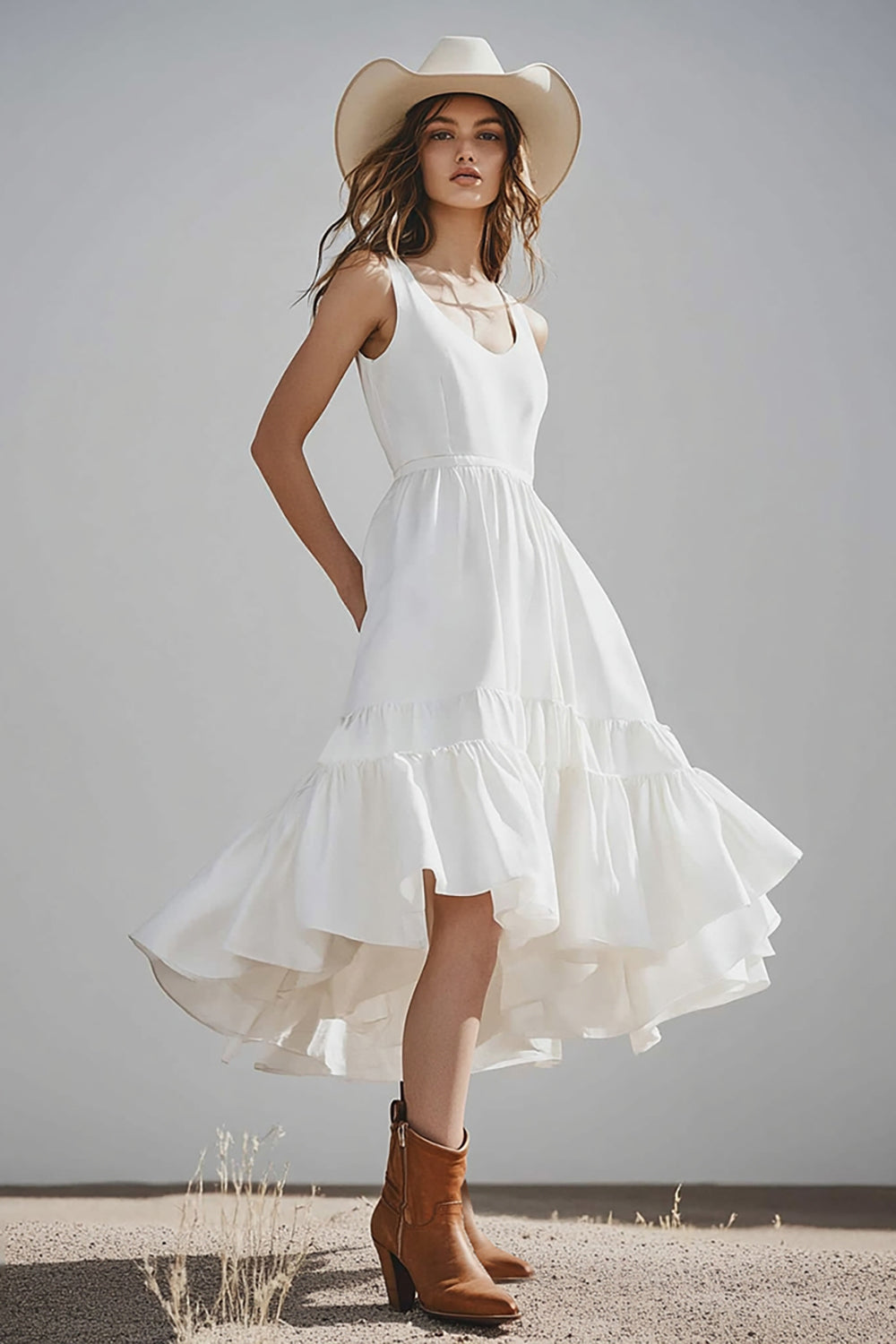 Ivory Scoop Neck Satin Midi Boho Western Wedding Dress