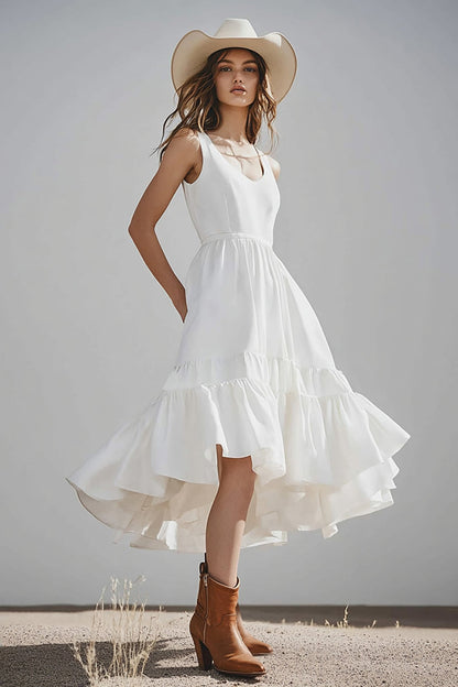 Ivory Scoop Neck Satin Midi Boho Western Wedding Dress