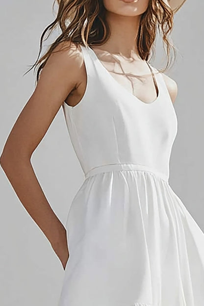 Ivory Scoop Neck Satin Midi Boho Western Wedding Dress
