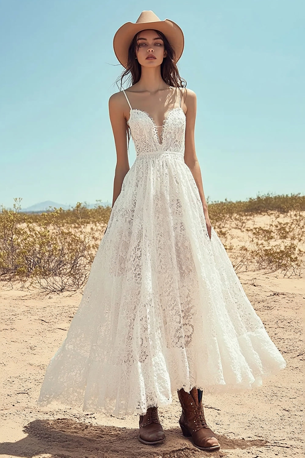 Ivory Lace Spaghetti Straps Maxi Boho Western Wedding Dress