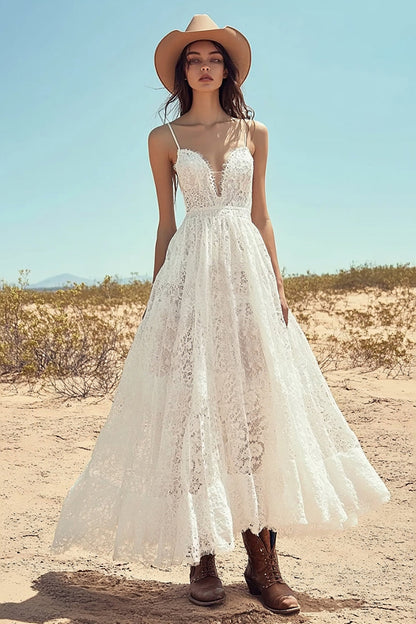 Ivory Lace Spaghetti Straps Maxi Boho Western Wedding Dress