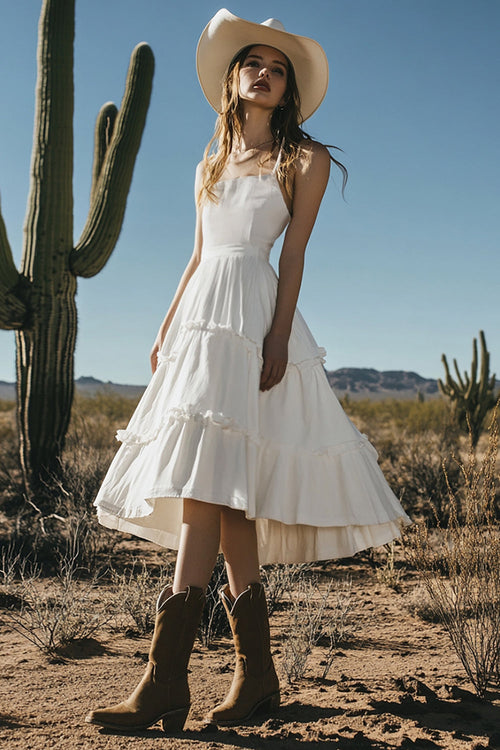 Ivory Midi Boho Western Wedding Dress with Ruffles