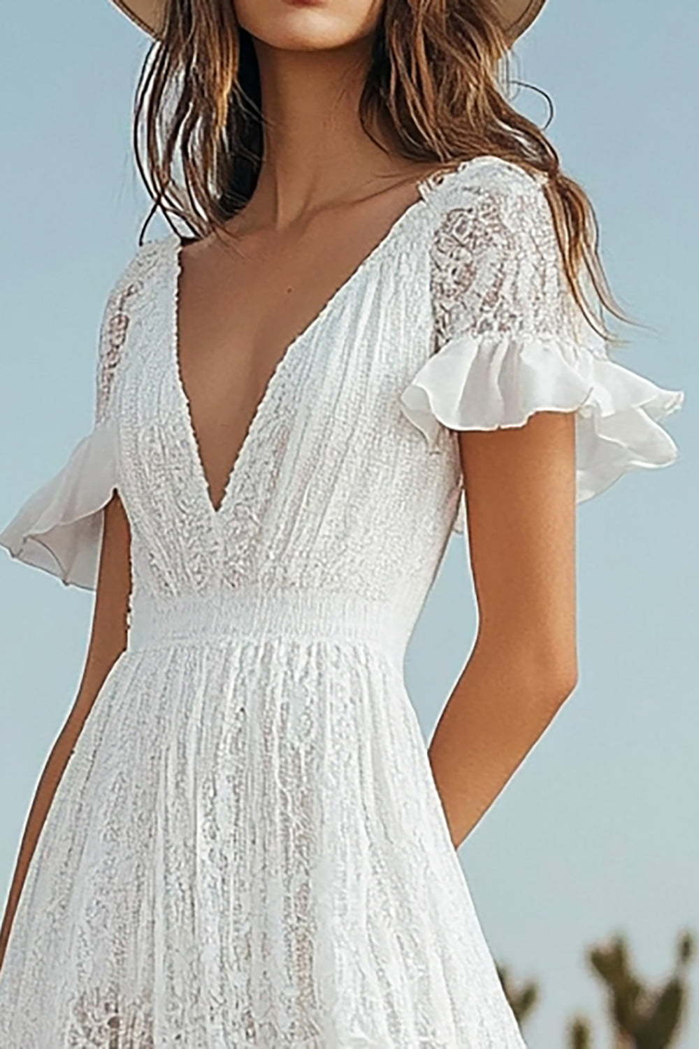 Ivory Lace Boho High-Low Western Wedding Dress with Sleeves