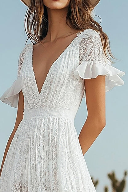 Ivory Lace Boho High-Low Western Wedding Dress with Sleeves