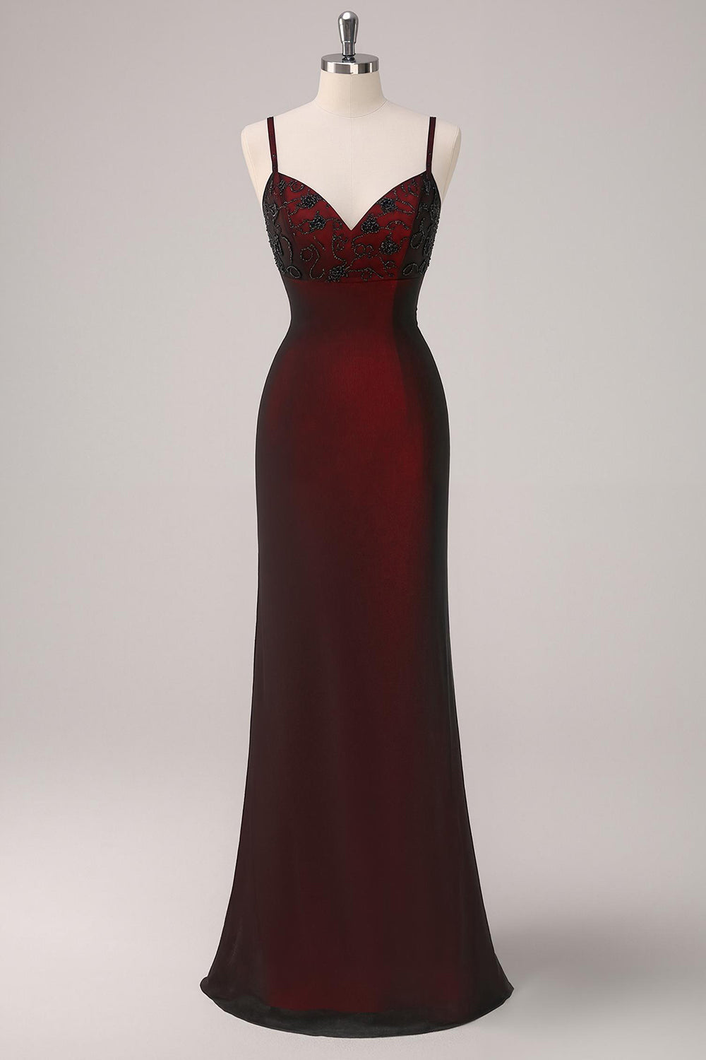 Black Red Sheath Spaghetti Straps Long Formal Dress with Beading