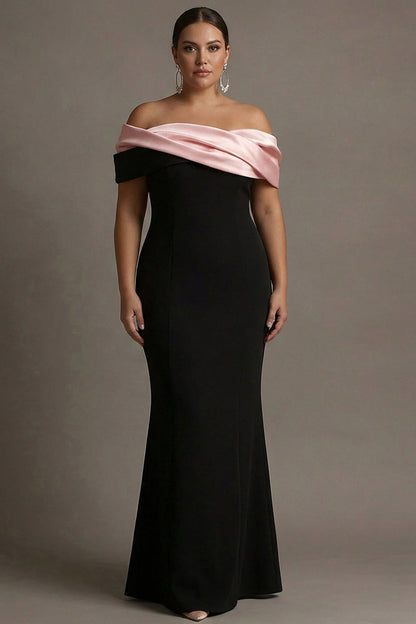 Plus Size Black and Pink Satin Off the Shoulder Long Formal Dress