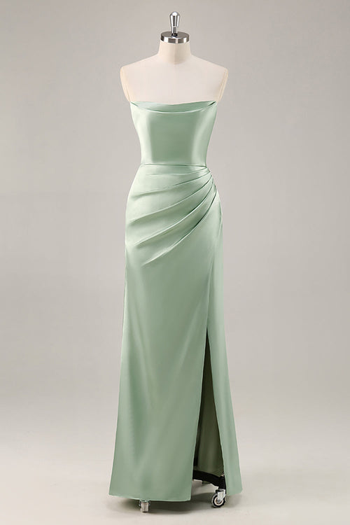 Sage Green Satin Strapless Ruched Long Bridesmaid Dress with Slit