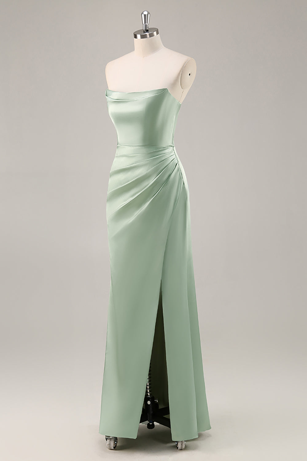Sage Green Satin Strapless Ruched Long Bridesmaid Dress with Slit