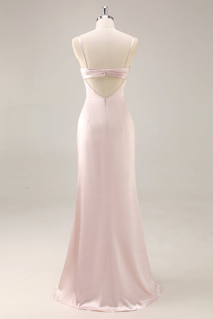 Candy Pink Mermaid Ruched Satin Long Bridesmaid Dress with Slit