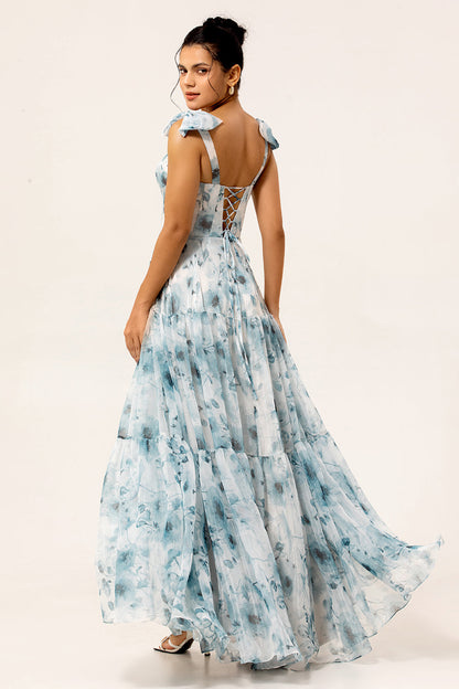 Blue A Line Floral Chiffon Long Bridesmaid Dress