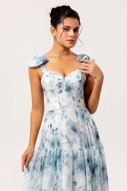 Blue A Line Floral Chiffon Long Bridesmaid Dress