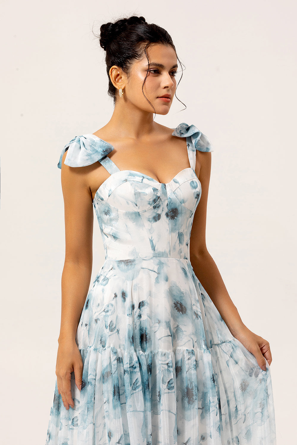 Blue A Line Floral Chiffon Long Bridesmaid Dress