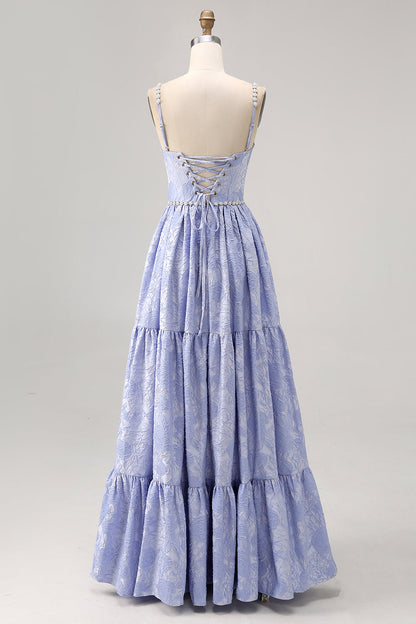 Sparkly Blue Jacquard Floral Long Bridesmaid Dress with Slit