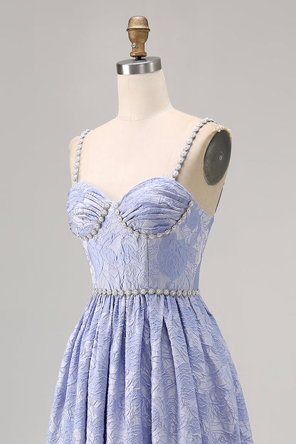 Sparkly Blue Jacquard Floral Long Bridesmaid Dress with Slit