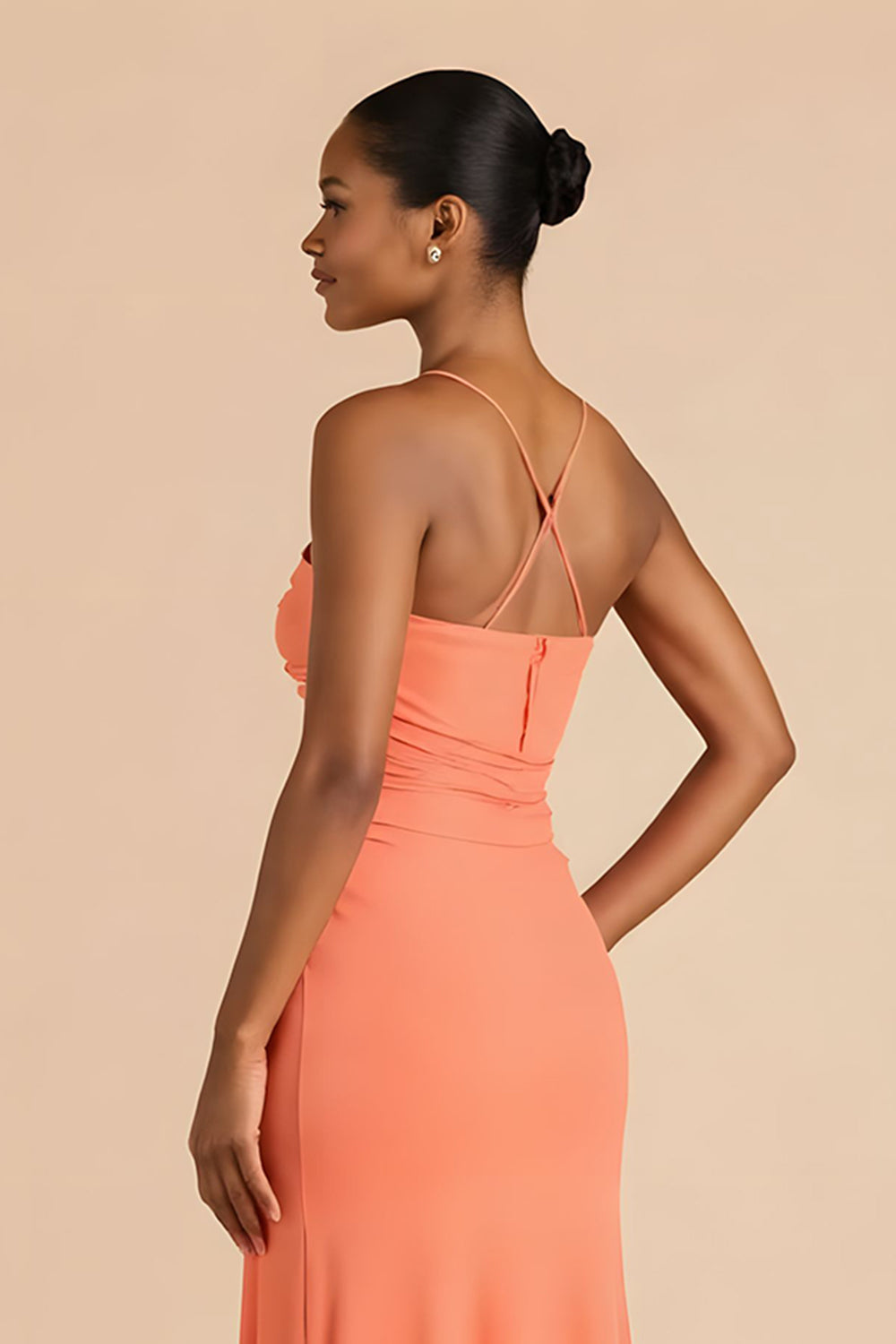 Orange Sheath Chiffon Ruched Strapless Long Bridesmaid Dress with Slit