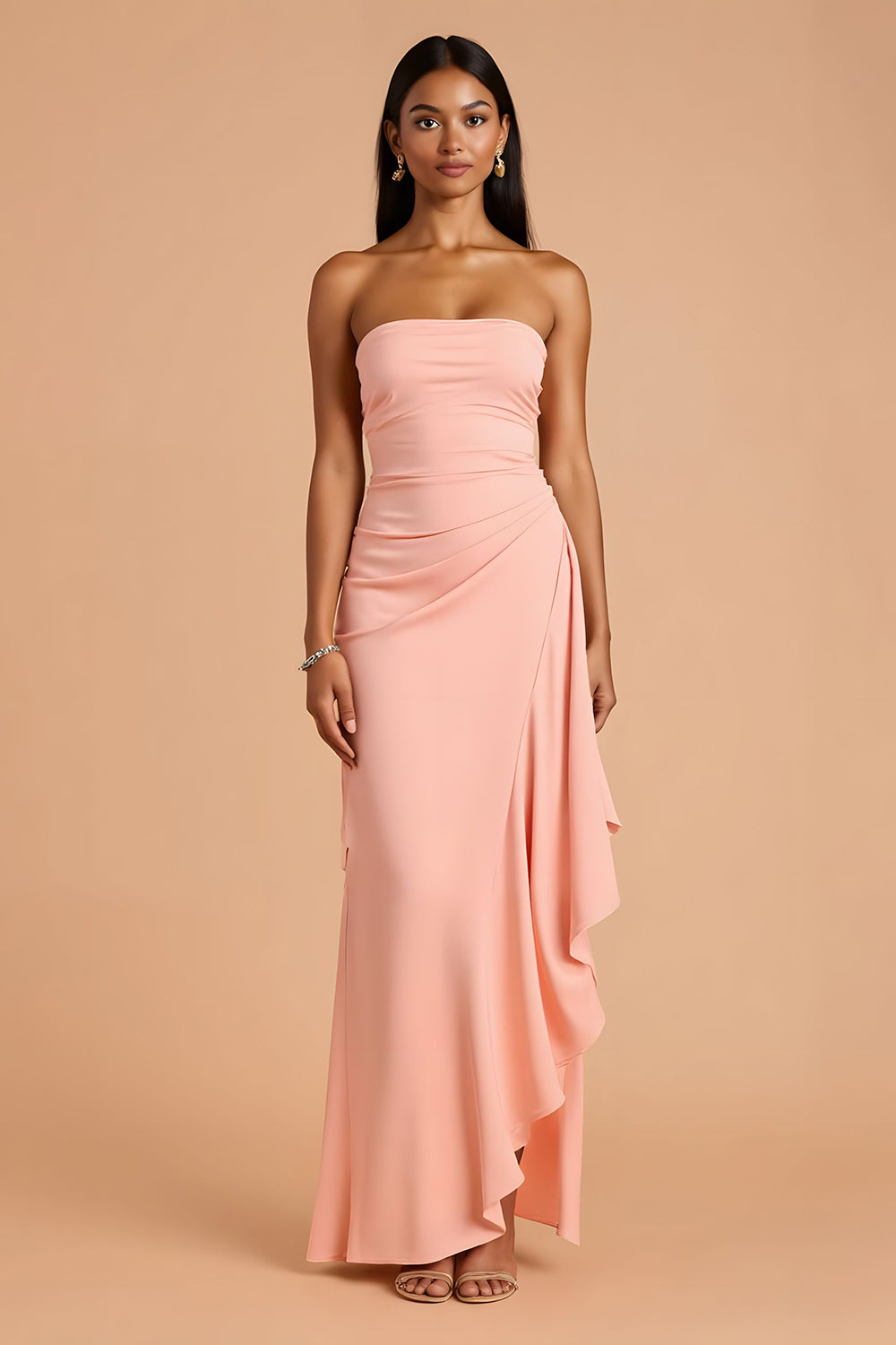 Blush Chiffon Sheath Strapless Long Bridesmaid Dress with Ruffles
