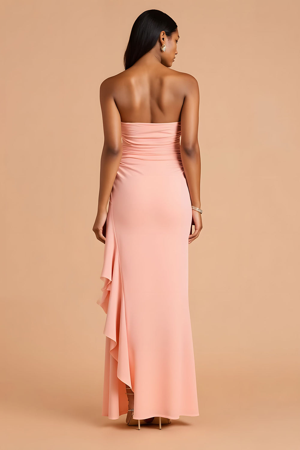 Blush Chiffon Sheath Strapless Long Bridesmaid Dress with Ruffles