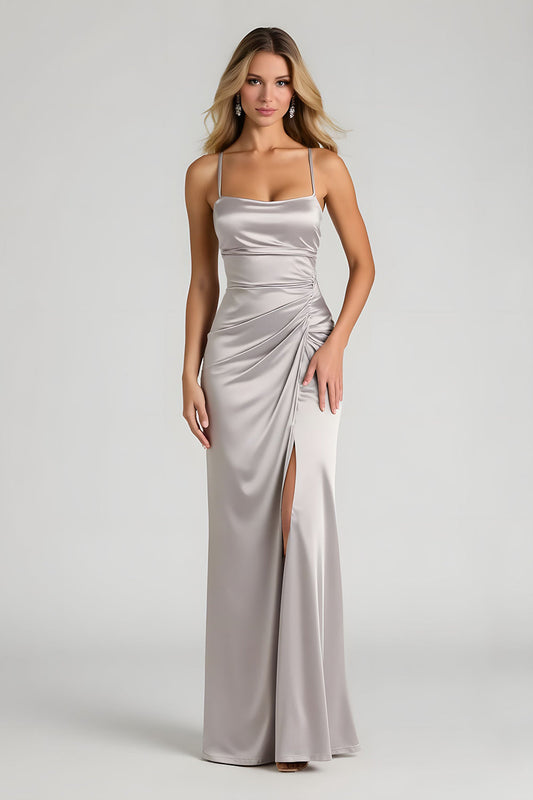 Silver Satin Sheath Spaghetti Straps Ruched Long Bridesmaid Dress with Slit