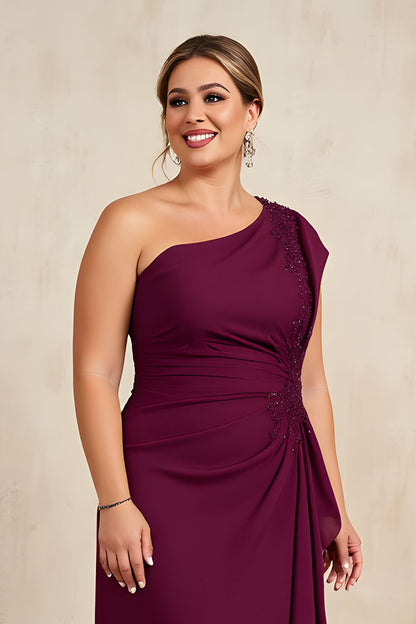 Burgundy Sheath Ruched Long Plus Size Mother of the Bride Dress with Beading