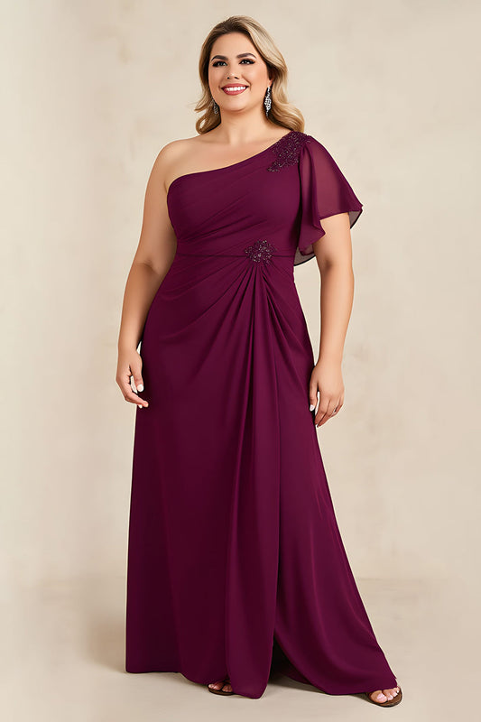 Burgundy One Shoulder Ruched Long Plus Size Mother of the Bride Dress