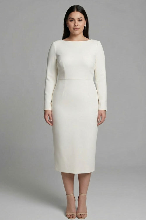 Plus Size Simple Ivory Bateau Neck Pencil Midi Work Dress with Sleeves