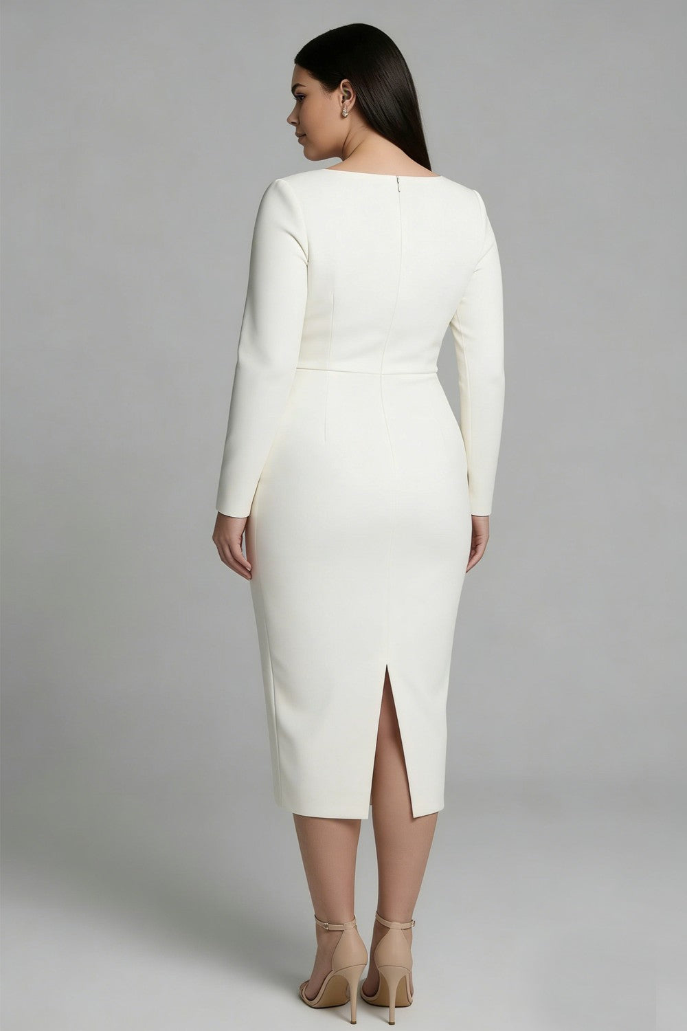 Plus Size Simple Ivory Bateau Neck Pencil Midi Work Dress with Sleeves