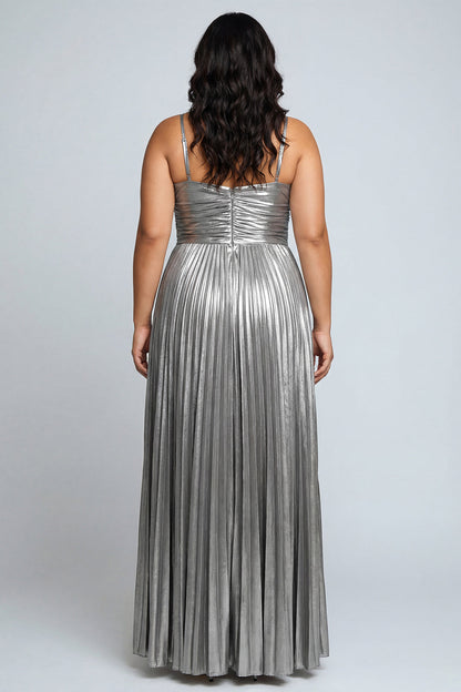 Plus Size Silver Metallic Spaghetti Straps Pleated Long Formal Dress with Slit