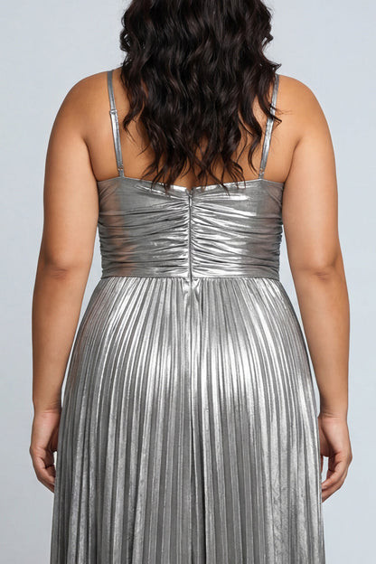 Plus Size Silver Metallic Spaghetti Straps Pleated Long Formal Dress with Slit