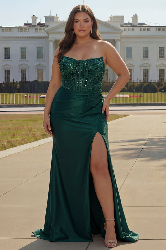 Sparkly Plus Size Dark Green Beaded Ruched Mermaid Long Corset Prom Dress with Slit