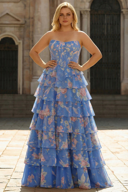 Plus Size Floral Dark Blue Tiered Ruffled A Line Long Corset Prom Dress with Slit