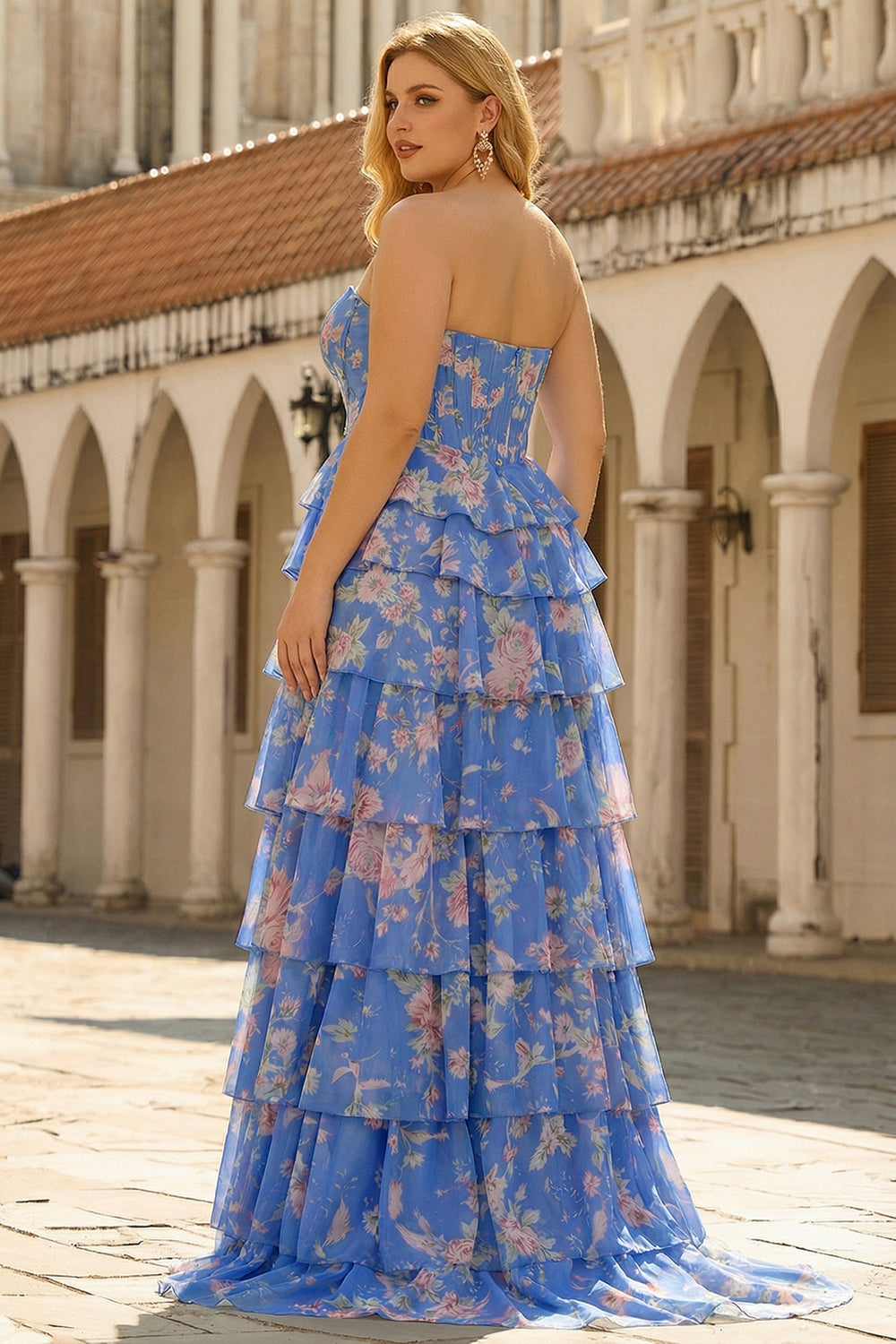 Plus Size Floral Dark Blue Tiered Ruffled A Line Long Corset Prom Dress with Slit