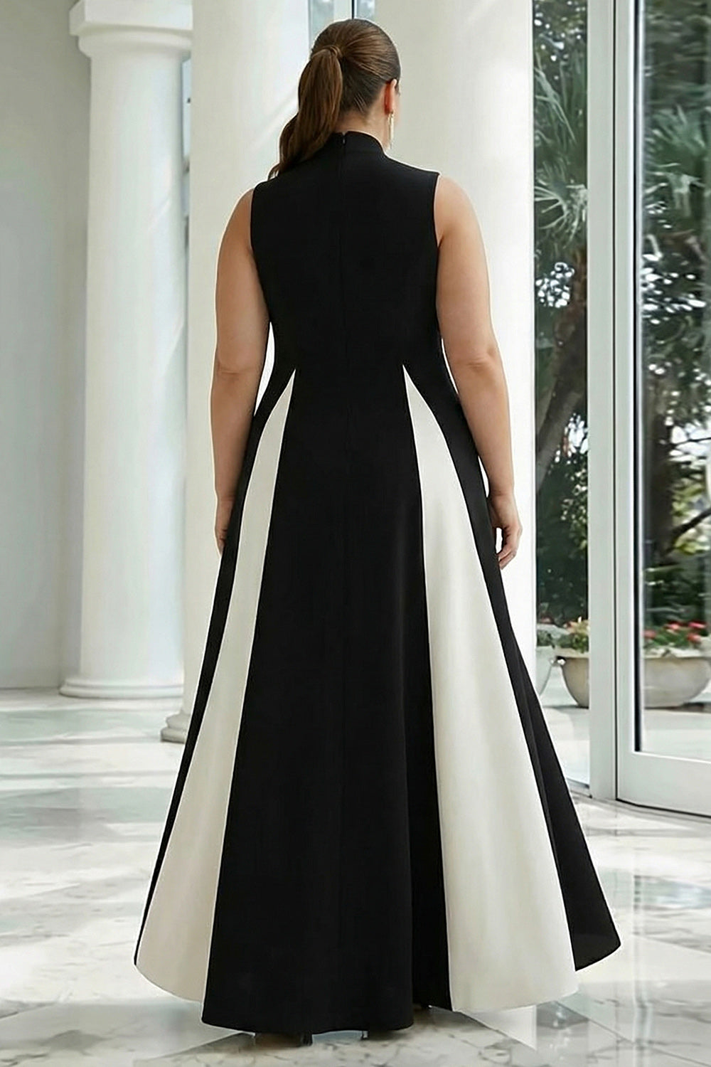 Plus Size Black and White High Neck A Line Long Formal Dress